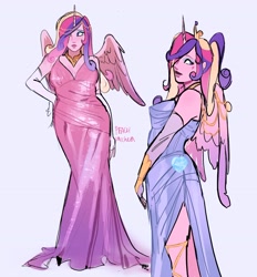 Size: 2508x2705 | Tagged: safe, artist:peachmichea, princess cadance, human, g4, alicorn humanization, breasts, clothes, crown, cute, cutedance, dress, evening gloves, eyeshadow, female, fingerless elbow gloves, fingerless gloves, gloves, horned humanization, humanized, jewelry, lipstick, long gloves, makeup, pony coloring, regal, regalia, side slit, solo, winged humanization