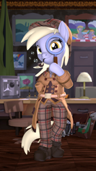 Size: 2160x3840 | Tagged: safe, artist:owlpirate, derpy hooves, pegasus, semi-anthro, g4, 3d, 4k, bubble pipe, clothes, detective, female, high res, hoof hold, indoors, looking at you, magnifying glass, mare, pants, pipe, plaid, sherlock holmes, smiling, smiling at you, solo, source filmmaker, trenchcoat