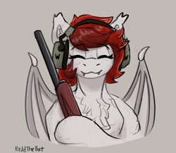 Size: 1592x1384 | Tagged: safe, artist:reddthebat, oc, oc only, oc:reddthebat, bat pony, pony, bat pony oc, bust, chest fluff, claws, ear protection, eyes closed, fangs, female, gray background, gun, looking at you, mare, rifle, signature, simple background, smiling, smiling at you, solo, weapon, wing claws, wings