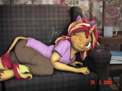 Size: 2880x2160 | Tagged: safe, artist:imafutureguitarhero, sunset shimmer, classical unicorn, unicorn, anthro, unguligrade anthro, g4, 2000s, 3d, 4:3, 4k, alternate hairstyle, arm fluff, arm freckles, blushing, book, bow, cargo pants, cheek fluff, chest fluff, child, chin fluff, chromatic aberration, clothes, cloven hooves, colored eyebrows, colored eyelashes, couch, cup, curtains, cute, daaaaaaaaaaaw, ear fluff, ear freckles, female, filly, filly sunset shimmer, film grain, flash, flash photography, floppy ears, fluffy, fluffy hair, fluffy mane, fluffy tail, foal, freckles, fur, hair bow, hand freckles, high res, hoof fluff, horn, indoors, lamp, leonine tail, looking at camera, looking at you, mare, mug, multicolored hair, multicolored mane, multicolored tail, neck fluff, nose wrinkle, one ear down, one eye closed, paintover, pants, peppered bacon, photo, pink shirt, ponytail, red eye, revamped anthros, revamped ponies, shirt, signature, smiling, smiling at you, solo, source filmmaker, tail, timestamp, unshorn fetlocks, wall of tags, wink, winking at you, younger, younger female