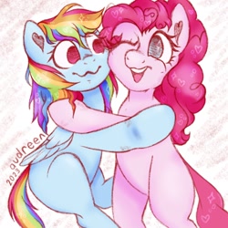 Size: 1024x1024 | Tagged: safe, artist:audreen, pinkie pie, rainbow dash, earth pony, pegasus, pony, g4, duo, duo female, female, hug, lesbian, missing cutie mark, one eye closed, open mouth, open smile, ship:pinkiedash, shipping, smiling, wavy mouth