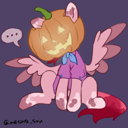 Size: 4096x4096 | Tagged: safe, artist:metaruscarlet, oc, oc only, oc:metaru scarlet, pegasus, pony, blue background, clothes, halloween, happy halloween, holiday, jack-o-lantern, pegasus oc, pumpkin, simple background, sitting, solo, spotted, spread wings, wings