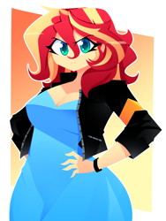 Size: 1500x2000 | Tagged: safe, artist:xan-gelx, sunset shimmer, human, equestria girls, g4, 2d, angry, breasts, busty sunset shimmer, cleavage, clothes, cute, eye clipping through hair, eyebrows, eyebrows visible through hair, female, gradient background, hand on hip, jacket, leather, leather jacket, looking at you, madorable, passepartout, shimmerbetes, solo, tsundere, tsunset shimmer, vest, wide hips, wristband