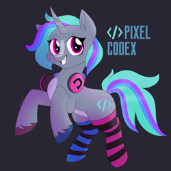 Size: 1550x1550 | Tagged: safe, oc, oc only, oc:pixel codex, pony, unicorn, clothes, female, headphones, horn, mare, mascot, pixel codex (team), socks, solo, striped socks, the ponies, the ponies (game)