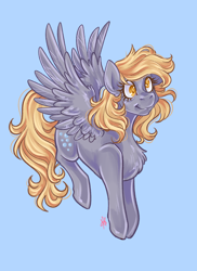 Size: 2400x3300 | Tagged: safe, artist:ashley-the-muffin, derpy hooves, pegasus, pony, g4, blue background, cute, derp, derpabetes, female, flying, mare, signature, simple background, sky, smiling, solo