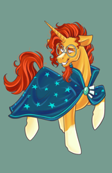 Size: 3300x5100 | Tagged: safe, artist:ashley-the-muffin, sunburst, pony, unicorn, g4, cloak, clothes, coat markings, facial hair, floppy ears, glasses, goatee, green background, horn, male, nervous, nervous smile, raised hoof, simple background, smiling, socks (coat markings), solo, stallion, sunburst's cloak, sunburst's glasses