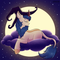 Size: 2000x2000 | Tagged: safe, artist:erein, oc, oc only, oc:owl burst, kirin, pony, beautiful, blue mane, cloud, commission, cute, digital art, ears up, eyelashes, eyes closed, female, gradient background, halloween, hat, holiday, horn, kirin oc, lying down, mare, moon, moonlight, night, on a cloud, outdoors, sky, solo, starry background, stars, tail, witch hat, ych result