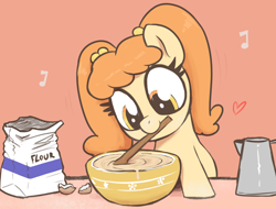 Size: 2500x1900 | Tagged: safe, artist:t72b, derpibooru exclusive, oc, oc only, oc:hotcakes, earth pony, pony, batter, bowl, cute, egg, female, filly, flour, foal, food, mixing bowl, mouth hold, ocbetes, solo, table