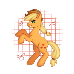 Size: 1920x1920 | Tagged: safe, artist:justvavx, applejack, earth pony, pony, g4, apple, female, food, mare, open mouth, open smile, rearing, smiling, solo