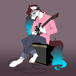 Size: 4000x4000 | Tagged: safe, artist:dragonfoxgirl, oc, oc only, anthro, unguligrade anthro, amplifier, electric guitar, gradient background, gradient hair, gradient tail, guitar, musical instrument, solo, speaker, tail