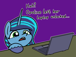 Size: 2048x1526 | Tagged: safe, artist:ewoudcponies, misty brightdawn, pony, unicorn, g5, browser history, computer, dialogue, female, horn, implied opaline arcana, laptop computer, mare, open mouth, outline, solo, white outline