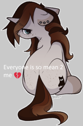 Size: 448x681 | Tagged: safe, artist:itsspoops, edit, oc, oc only, oc:spipples, pony, unicorn, butt freckles, cute, freckles, gray background, horn, looking back, meme, sad, simple background, solo