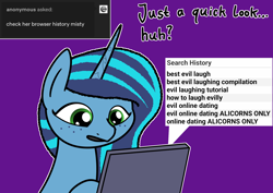 Size: 2048x1448 | Tagged: safe, artist:ewoudcponies, misty brightdawn, pony, unicorn, g5, ask, browser history, bust, computer, female, horn, implied opaline arcana, laptop computer, mare, outline, purple background, search history, simple background, solo, tumblr, white outline