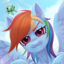 Size: 1919x1919 | Tagged: safe, artist:k1f1r, rainbow dash, tank, pegasus, pony, tortoise, g4, bust, cloud, collarbone, duo, female, fluffy, flying, human shoulders, humanoid torso, looking at you, mare, portrait, signature, sky, smiling, sternocleidomastoid