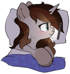 Size: 850x898 | Tagged: safe, alternate version, artist:itsspoops, oc, oc only, oc:spipples, pony, unicorn, bed, blushing, cute, ear piercing, earring, female, freckles, heart, heart eyes, horn, jewelry, mare, markings, nose piercing, nose ring, phone, piercing, pillow, simple background, smiling, solo, transparent background, wingding eyes