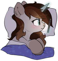 Size: 850x898 | Tagged: safe, alternate version, artist:itsspoops, oc, oc only, oc:spipples, pony, unicorn, bed, blushing, cute, ear piercing, earring, female, freckles, heart, heart eyes, horn, jewelry, magic, mare, markings, nose piercing, nose ring, phone, piercing, pillow, simple background, smiling, solo, transparent background, wingding eyes