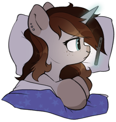 Size: 850x898 | Tagged: safe, artist:itsspoops, oc, oc only, oc:spipples, pony, unicorn, bed, cute, ear piercing, earring, female, freckles, horn, jewelry, magic, mare, markings, nose piercing, nose ring, phone, piercing, pillow, sad, simple background, solo, transparent background