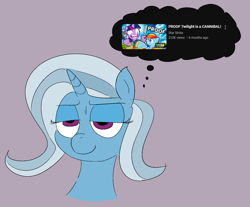 Size: 1534x1268 | Tagged: safe, artist:notsafeforsanity, rainbow dash, trixie, twilight sparkle, pegasus, pony, unicorn, g4, bust, cannibalism joke, fork, gray background, horn, knife, lidded eyes, simple background, smug, solo, thought bubble, youtube thumbnail