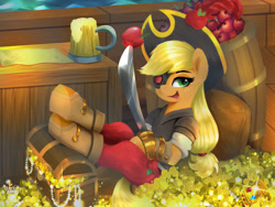 Size: 2400x1800 | Tagged: safe, artist:darksly, applejack, earth pony, pony, g4, my little pony: the movie, barrel, boots, cider, cider mug, clothes, coat, coin, cutlass, eyepatch, female, gold, hat, mare, mug, open mouth, pants, pirate, pirate applejack, pirate hat, shoes, solo, sword, treasure chest, weapon