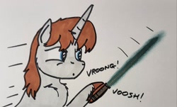 Size: 2048x1239 | Tagged: safe, artist:hoofclid, oc, oc only, oc:hoofclid, pony, unicorn, bust, chest fluff, hoof hold, horn, jedi, lightsaber, male, marker drawing, solo, stallion, star wars, traditional art, unshorn fetlocks, weapon