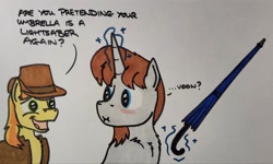 Size: 2048x1229 | Tagged: safe, artist:hoofclid, braeburn, oc, oc:hoofclid, earth pony, pony, unicorn, g4, :i, blushing, caught, dialogue, duo, duo male, embarrassed, horn, levitation, magic, male, marker drawing, open mouth, open smile, smiling, stallion, telekinesis, traditional art, umbrella