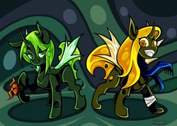 Size: 2480x1754 | Tagged: safe, artist:kizupoko, oc, oc only, oc:amaryllis, oc:venus, changeling, bandage, changeling oc, clothes, commission, duo, female, green changeling, green eyes, green mane, handkerchief, scarf, siblings, sisters, thief, yellow changeling, yellow eyes, yellow mane