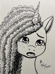 Size: 720x960 | Tagged: safe, artist:mayorlight, misty brightdawn, pony, unicorn, g5, female, freckles, horn, ink drawing, mare, monochrome, open mouth, sad, solo, traditional art