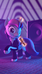 Size: 2160x3840 | Tagged: safe, artist:ytkitty, oc, oc only, oc:sweetieck dreams, pony, unicorn, g4, 3d, clothes, desk, filly, foal, horn, indoors, magic, mare, microphone, not sweetie belle, party, solo, source filmmaker, speaker, telekinesis, unicorn horn