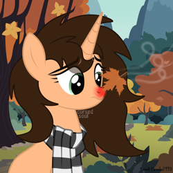 Size: 2500x2500 | Tagged: safe, artist:cursed soul, artist:small-brooke1998, oc, oc only, oc:small brooke, pony, unicorn, autumn, clothes, cold, cold weather, horn, leaf, leaves, outdoors, scarf, solo, striped scarf, tree