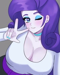 Size: 1280x1600 | Tagged: safe, artist:masterdestroyzj, rarity, human, equestria girls, g4, big breasts, breasts, busty rarity, cleavage, female, gray background, huge breasts, looking at you, one eye closed, peace sign, simple background, solo, wink, winking at you