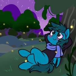 Size: 1300x1300 | Tagged: safe, artist:paperbagpony, oc, oc only, firefly (insect), insect, clothes, forest, grass, nature, outdoors, scarf, tree