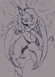 Size: 1500x2100 | Tagged: safe, artist:slimeprints, fluttershy, bat pony, pony, g4, bat ponified, female, flutterbat, flying, mare, monochrome, partially open wings, race swap, sketch, solo, wings, wip