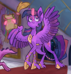 Size: 950x990 | Tagged: safe, artist:impishsen, spike, twilight sparkle, alicorn, dragon, pony, g4, duo, duo male and female, female, fetlock tuft, glowing, glowing horn, hoof shoes, horn, indoors, jewelry, leonine tail, male, mare, offscreen character, peytral, princess shoes, quill, scroll, solo focus, spread wings, tail, tail jewelry, twilight sparkle (alicorn), wings