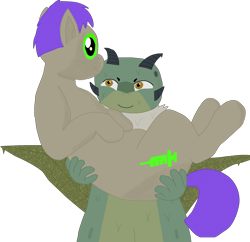 Size: 1910x1846 | Tagged: safe, artist:xada, oc, oc:jolly syringe, earth pony, goo, pony, chest fluff, duo, furry, furry oc, green eyes, holding a pony, horns, leaf, multiple tails, orange eyes, purple mane, purple tail, simple background, tail, transparent background, two tails