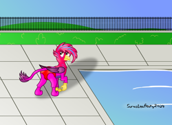 Size: 1596x1161 | Tagged: safe, artist:sorasleafeon, oc, oc only, oc:gibson the griffon, griffon, beak, blue sky, clothes, digital art, fence, grass, looking back, male, non-pony oc, outdoors, solo, speedo, swimming pool, swimsuit, talons, vector, water, wings