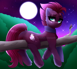 Size: 1920x1732 | Tagged: safe, artist:taiweiart, fizzlepop berrytwist, tempest shadow, pony, unicorn, g4, broken horn, butt, chest fluff, dock, eye scar, facial scar, featureless crotch, female, full moon, horn, mare, moon, needs more jpeg, night, outdoors, plot, scar, solo, tail, tree branch