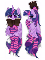 Size: 1536x2048 | Tagged: safe, artist:oofycolorful, twilight sparkle, alicorn, pony, g4, blushing, body pillow, body pillow design, book, butt, clothes, cute, female, heart, heart eyes, looking at you, mare, plot, socks, solo, striped socks, that pony sure does love books, twiabetes, twilight sparkle (alicorn), wingding eyes