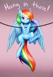 Size: 2026x2961 | Tagged: safe, artist:noodlefreak88, rainbow dash, pegasus, pony, g4, eye clipping through hair, eyebrows, eyebrows visible through hair, female, gradient background, grin, hang in there, hanging, mare, motivational poster, one eye closed, rope, smiling, solo, underhoof, wink