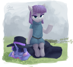 Size: 1987x1825 | Tagged: safe, artist:some_ponu, maud pie, oc, oc:flawless sparklemoon, pony, my little pony the movie: the death of twilight sparkle, g4, duo, fusion, fusion:trixie, fusion:twilight sparkle, fusion:twixie, hat, outdoors, passepartout, sitting on person