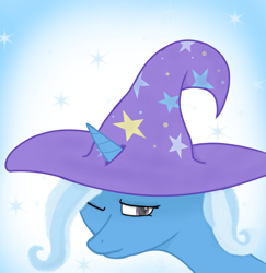 Size: 1803x1858 | Tagged: safe, artist:_luckyy, trixie, pony, unicorn, g4, bust, clothes, female, hair over one eye, hat, horn, looking back, nervous, nervous smile, one eye closed, portrait, smiling, solo, stars, trixie's hat