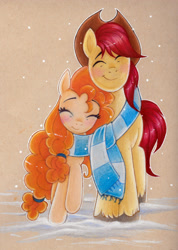 Size: 2066x2903 | Tagged: safe, artist:karzii, bright mac, pear butter, earth pony, pony, g4, the perfect pear, blushing, brown background, clothes, duo, duo male and female, eyes closed, female, male, scarf, shared clothing, shared scarf, ship:brightbutter, shipping, simple background, smiling, snow, snuggling, straight, striped scarf, traditional art, winter