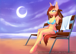 Size: 1530x1080 | Tagged: safe, artist:scarlet-spectrum, oc, oc only, oc:silver veil, bat pony, anthro, unguligrade anthro, anthro oc, bat pony oc, bat wings, beach, bench, bikini, blue bikini, blue swimsuit, breasts, cleavage, clothes, cloud, commission, crescent moon, digital art, ear fluff, female, fluffy, mare, moon, ocean, outdoors, sand, shoulder fluff, side-tie bikini, sitting, sky, smiling, solo, swimsuit, transparent moon, water, wings