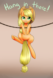 Size: 2026x2961 | Tagged: safe, artist:noodlefreak88, applejack, earth pony, pony, g4, female, gradient background, hang in there, hanging, looking at you, mare, motivational poster, rope, smiling, solo