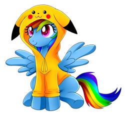 Size: 2552x2349 | Tagged: safe, artist:scarlet-spectrum, rainbow dash, pegasus, pikachu, pony, g4, :3, clothes, costume, crossover, cute, dashabetes, female, hoodie, jacket, mare, pikachu hoodie, pokémon, simple background, solo, transparent background