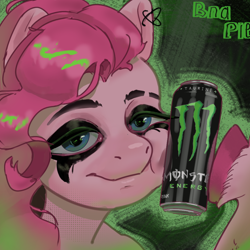 Size: 1000x1000 | Tagged: safe, artist:bnapie, pinkie pie, earth pony, pony, g4, drink, ear piercing, energy drink, female, looking at you, makeup, mare, monster energy, piercing, smiling, smiling at you, solo