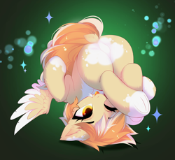 Size: 3880x3552 | Tagged: safe, artist:empress-twilight, oc, oc only, oc:orange cream, pegasus, pony, :p, blushing, butt, chest fluff, colored wings, commission, dock, ear fluff, eyebrows, eyebrows visible through hair, featureless crotch, female, mare, one eye closed, pegasus oc, plot, solo, sparkles, spread wings, tail, tongue out, two toned wings, underhoof, upside down, wings, ych result