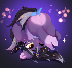 Size: 3659x3469 | Tagged: safe, artist:empress-twilight, oc, oc only, oc:rivibaes, pony, unicorn, :p, blushing, bow, butt, chest fluff, commission, ear fluff, eyebrows, eyebrows visible through hair, featureless crotch, female, fluffy, heart butt, horn, leg fluff, mare, one eye closed, plot, solo, sparkles, tail, tail bow, tongue out, underhoof, unicorn oc, unshorn fetlocks, upside down, ych result