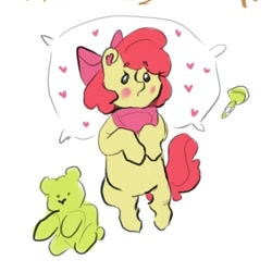 Size: 616x616 | Tagged: safe, artist:shakalchik, apple bloom, earth pony, pony, g4, bed, blushing, female, filly, foal, heart, lying down, on back, pillow, plushie, solo, teddy bear