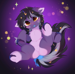 Size: 3971x3893 | Tagged: safe, artist:empress-twilight, oc, oc only, oc:rivibaes, pony, unicorn, :p, belly, belly button, blushing, bow, butt, cheek fluff, chest fluff, commission, ear fluff, featureless crotch, female, fluffy, horn, looking at you, mare, plot, smiling, smiling at you, solo, sparkles, spread legs, spreading, tail, tail bow, tongue out, underhoof, unicorn oc, unshorn fetlocks, ych result