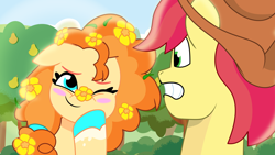 Size: 2400x1350 | Tagged: safe, artist:prixy05, bright mac, pear butter, earth pony, pony, g4, g5, my little pony: tell your tale, the perfect pear, applejack's hat, blushing, cowboy hat, duo, duo male and female, female, flower, flower in hair, flower on nose, g4 to g5, generation leap, hat, male, mare, outdoors, scene interpretation, stallion